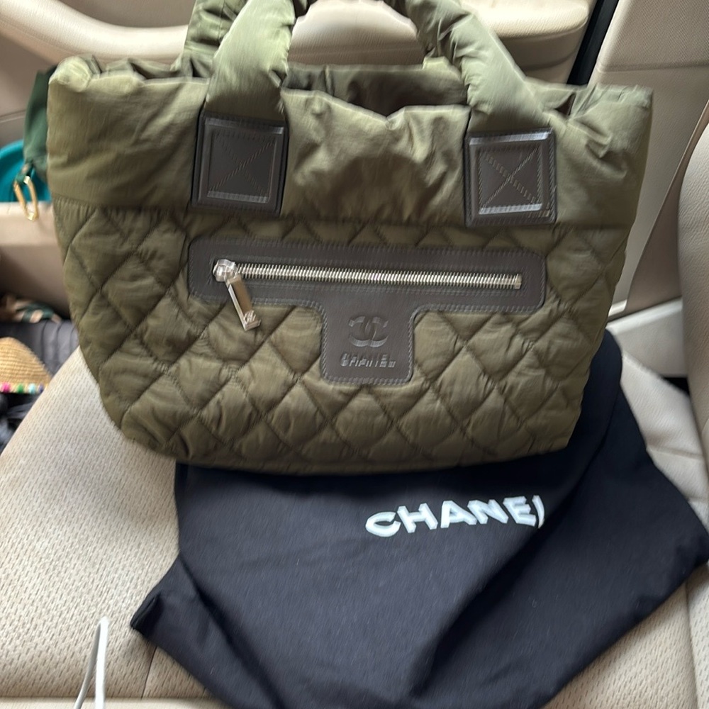 CHANEL Green Quilted Tote with Metal Handles